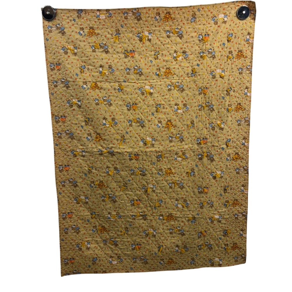 Handmade Autumn Teddy Bear Quilted Baby Blanket Orange Tan Fall Nursery 41x53